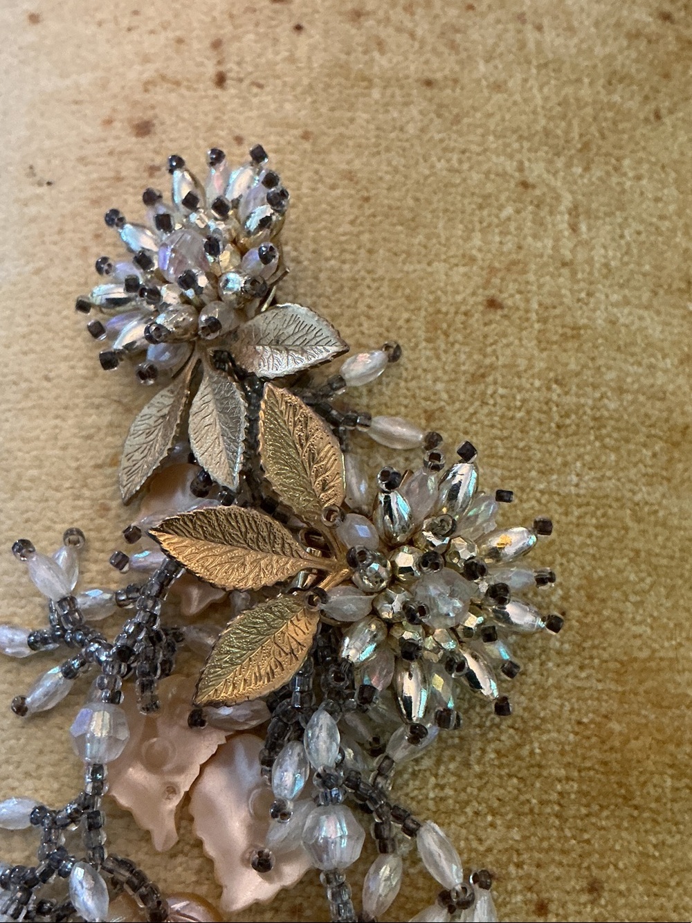1920’s Shoulder Sweep 8” Cream & Silver Beaded Glass Floral Accent Earrings - Picture 2 of 12